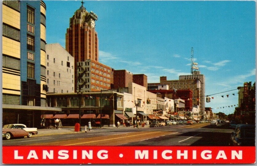 Vintage LANSING, Michigan Postcard Downtown Street Scene / 1950s Cars - Unused