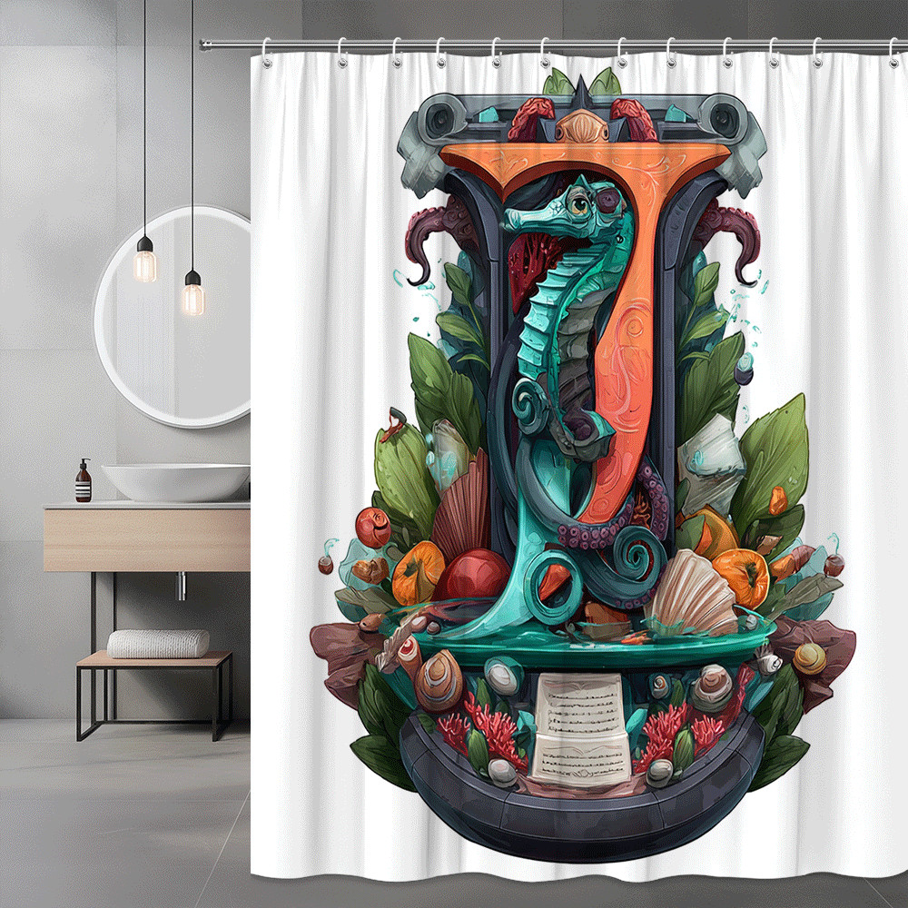 Fantasy Seahorse Graphic Shower Curtain, Colorful Ocean Art