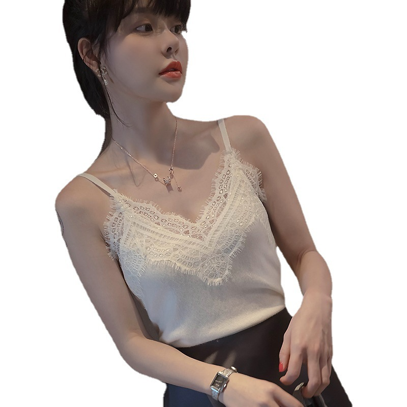 Women's Top New Lace Knitted Suspender Vest Slim Sleeveless V-neck Top Leggings