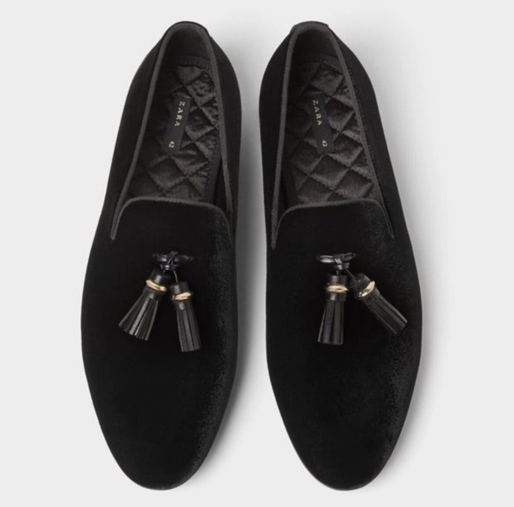 Zara Black Velvet Tassel Slip On Loafers Men’s Shoes Size US 10 EU 43
