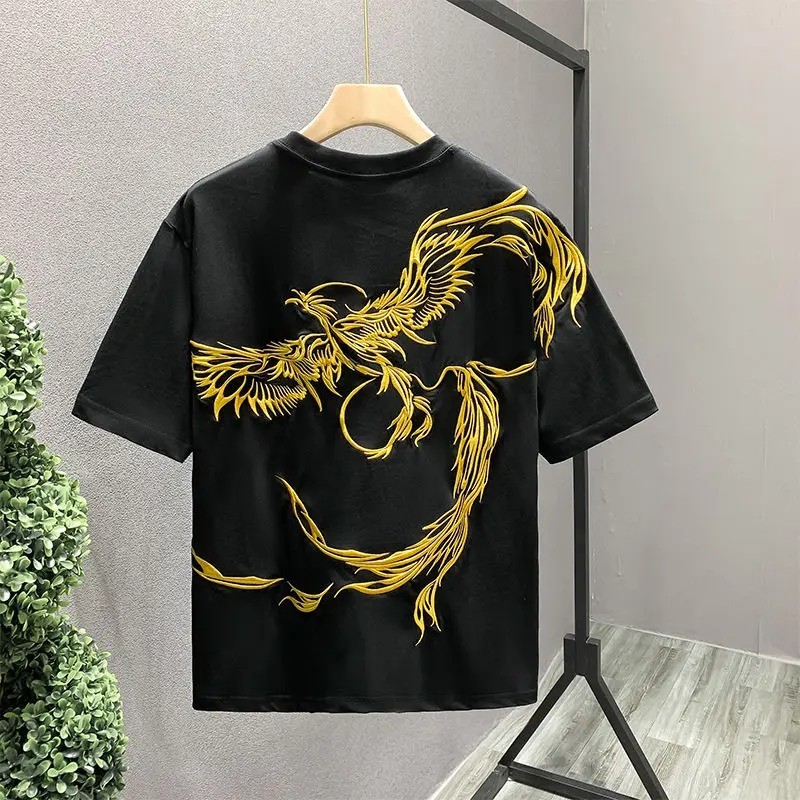 Men's Premium Phoenix Embroidery Cotton T-Shirt Slim Fit Short Sleeve Tee
