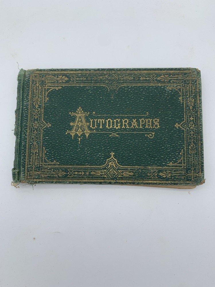 Antique Autograph Album Victorian Green Gilt Cover Handwritten Entries c1870s