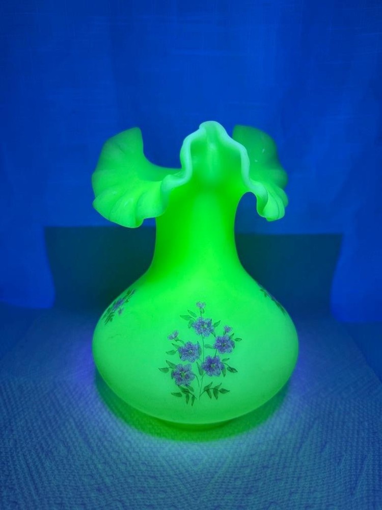 Vintage Fenton Uranium Glass Fluted Hand Painted Fluted Vase Artist M. Wagner