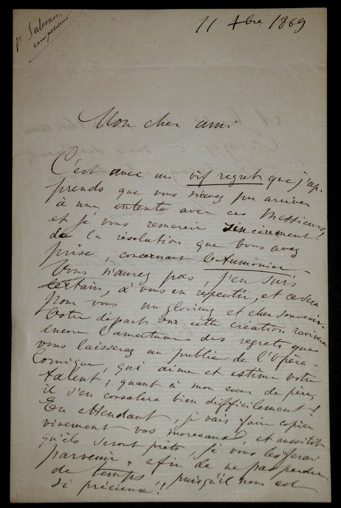 SALOMON Hector - SIGNED AUTOGRAPH LETTER, COMIC OPERA, PARIS, 1869