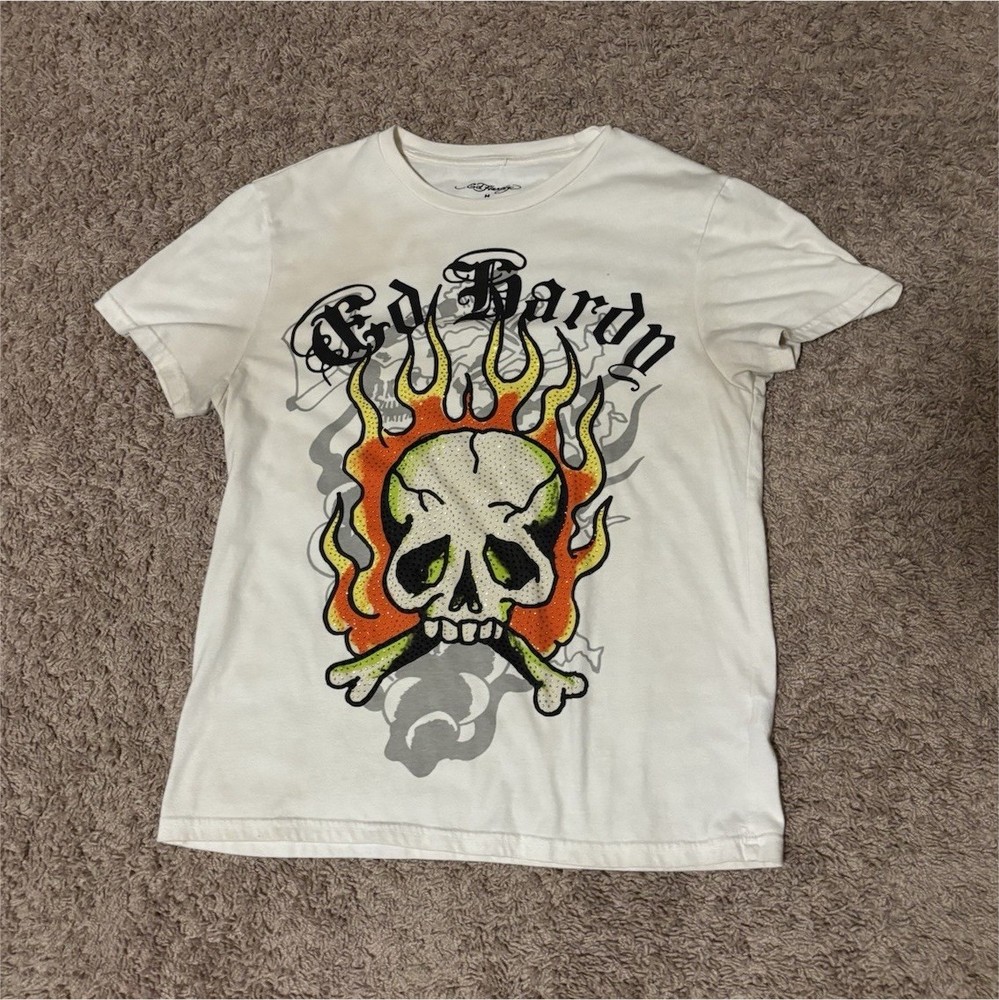 Ed Hardy Men's White Graphic Skull Crew Neck Short Sleeve T-Shirt Size M