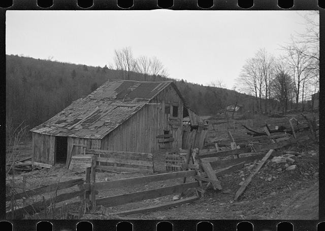 Photo:1930s Rural Cabin Barn Fence Mountain Landscape