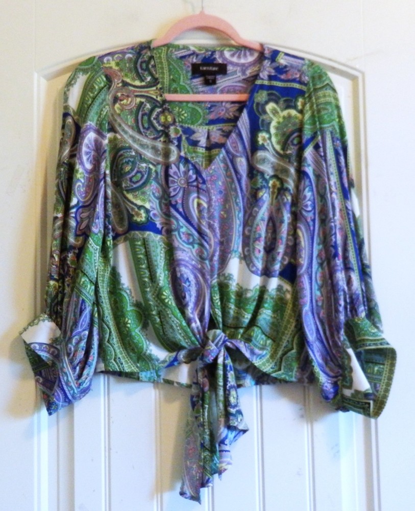 $128 Karen Kane Paisley Tie Front V-Neck Top Blouse Women's SZ S