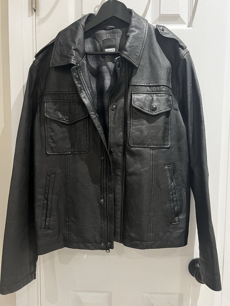 Levi's Black Pebbled Leather Trucker Jacket Size Large L Plaid Lined