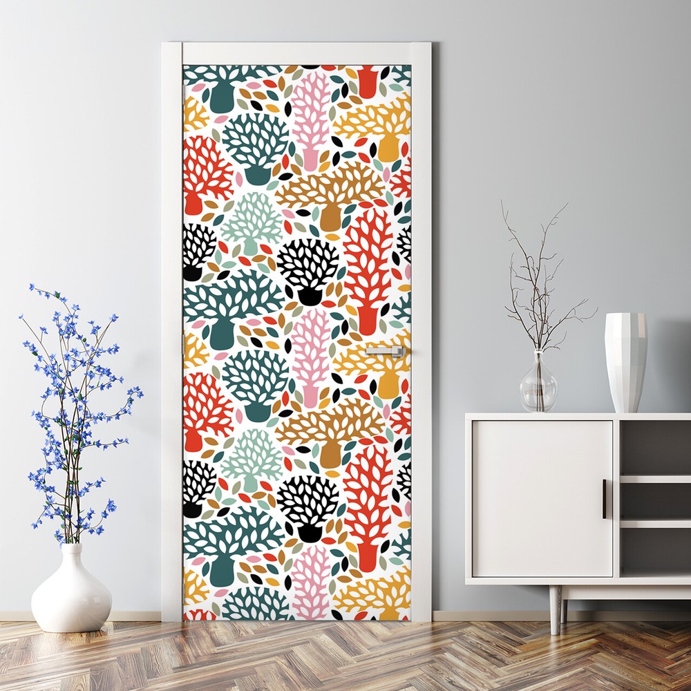 Colorful Doodle Trees Bubble-Free Door Sticker Red Blue Home Decor Decal