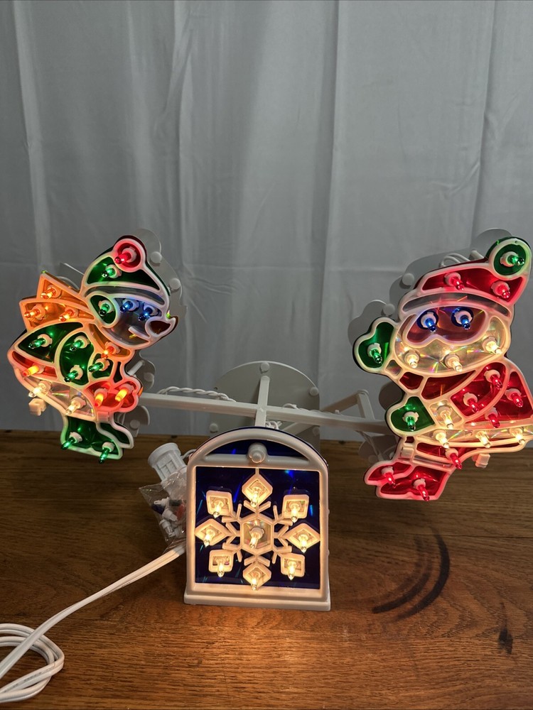 Vtg Christmas Animated Holographic Santa & Elf Light Up SeeSaw Teeter Totter NOB
