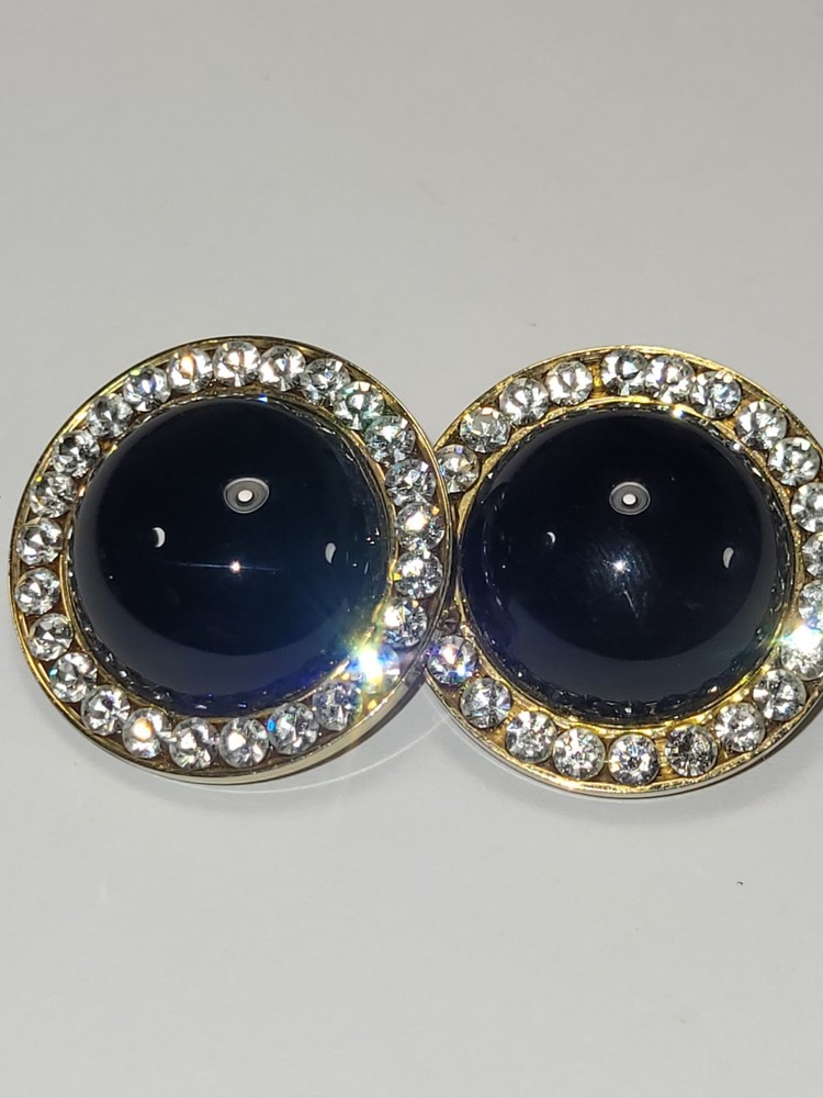Vintage Black Enamel Gold Tone Rhinestone Crystal Domed Clip On Fashion Earrings