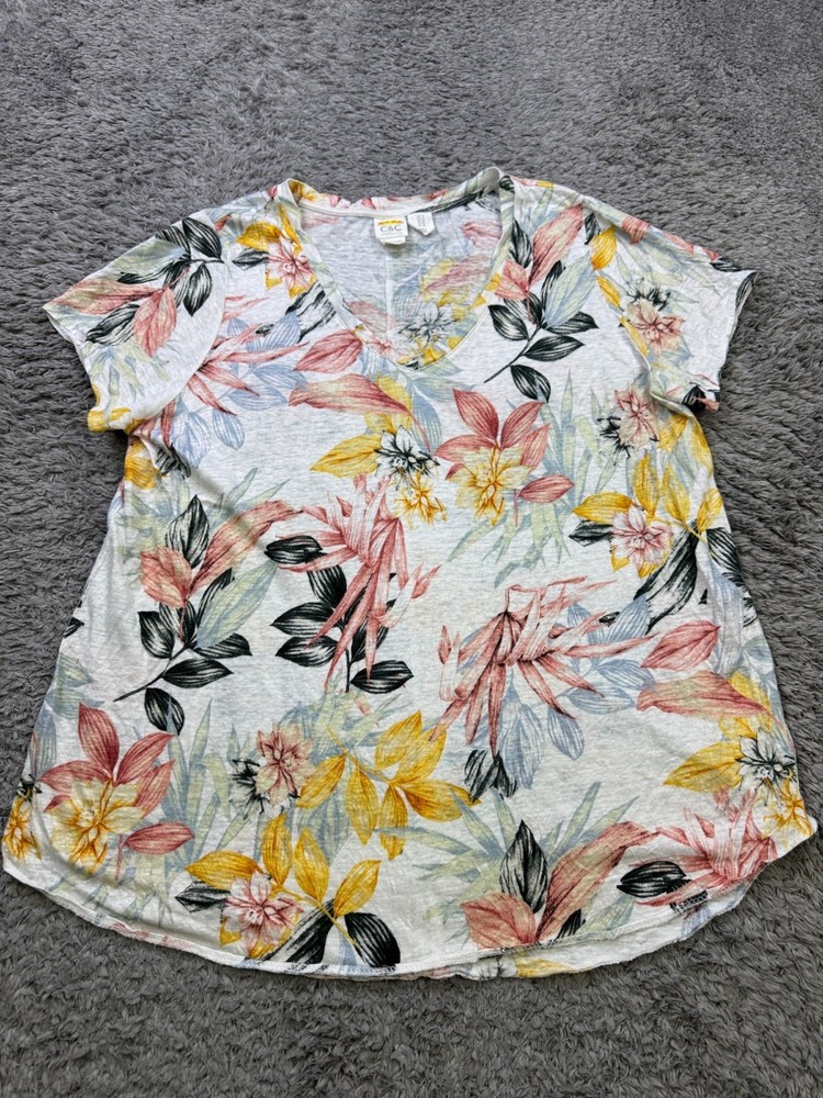 CC California Top Women 1X Floral Linen Cap Sleeve V Neck Hawaiian Shirt Beachy