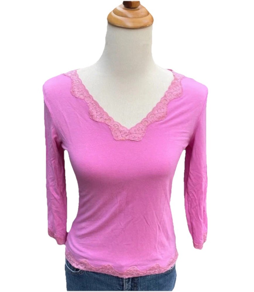 Vintage 2000s Pink Cotton Blend GAP Lace Trim 3/4 Sleeve Top Y2K Women’s M