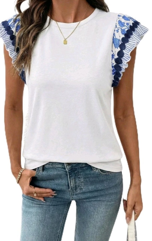 Acelitt Women's Ruffle Cap Sleeve Blouse Top Blue Floral Boho Ricrac Trim Small