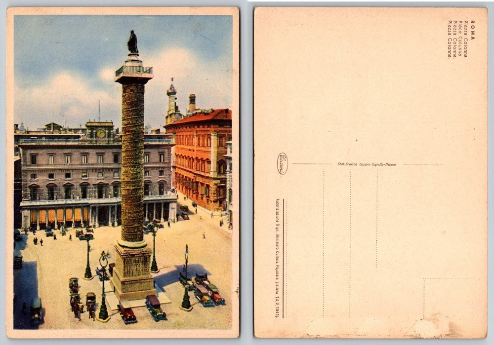 Vintage Rome Piazza Colonna Postcard 1941 - Column of Marcus Aurelius Italy