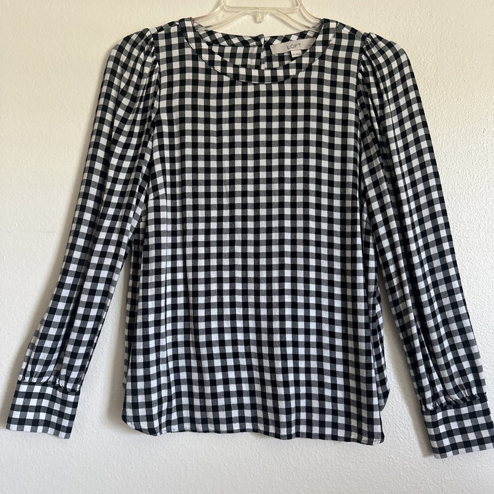 Loft Women's Long Sleeve Blouse Black and White Check Size SP