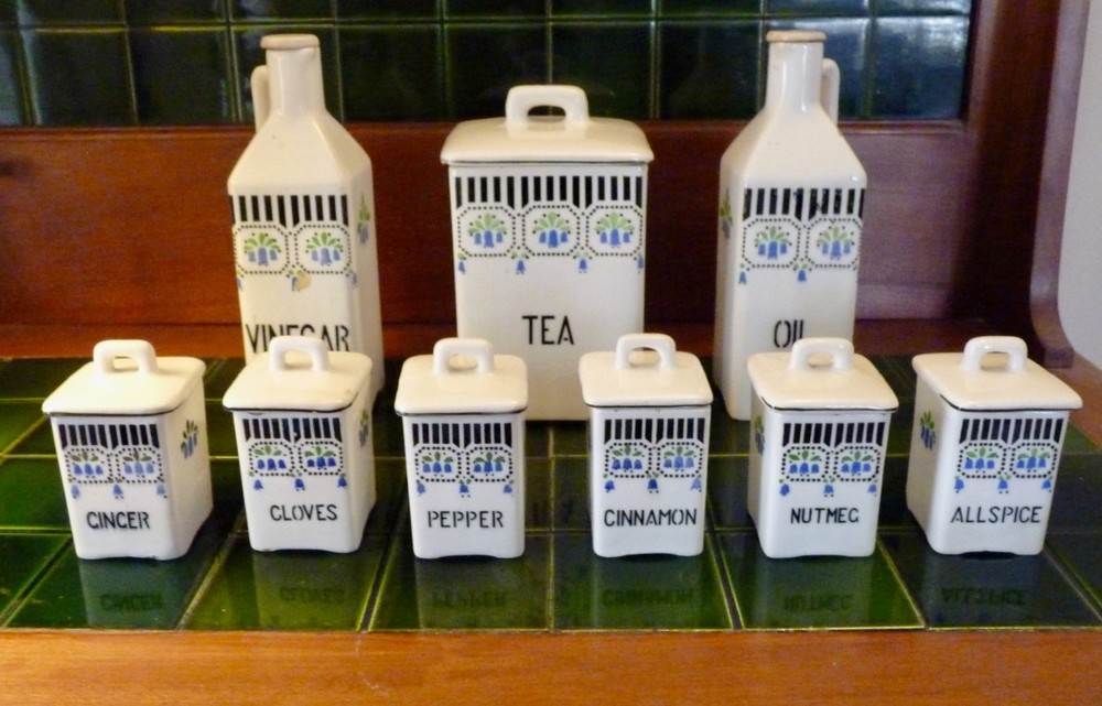 Antique Dittmar Urbach Arts & Crafts Bluebells Czech Canisters  9 Pieces + Lids