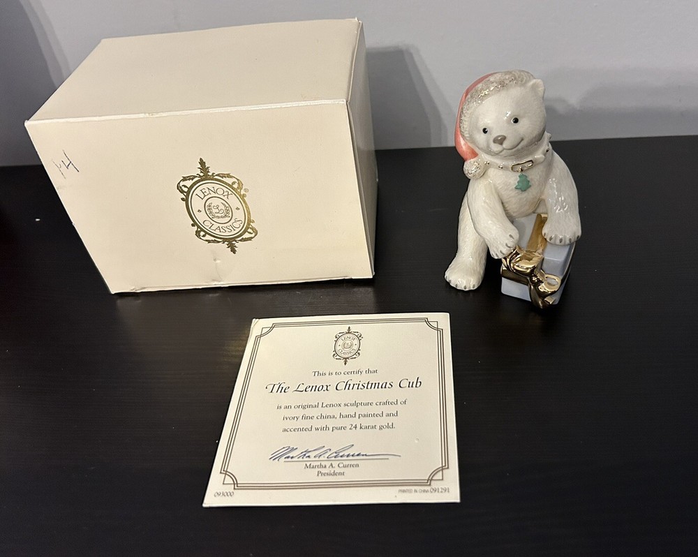 Lenox Christmas Cub Polar Bear Gift Box Figurine Sculpture 24K Gold Accent COA-image