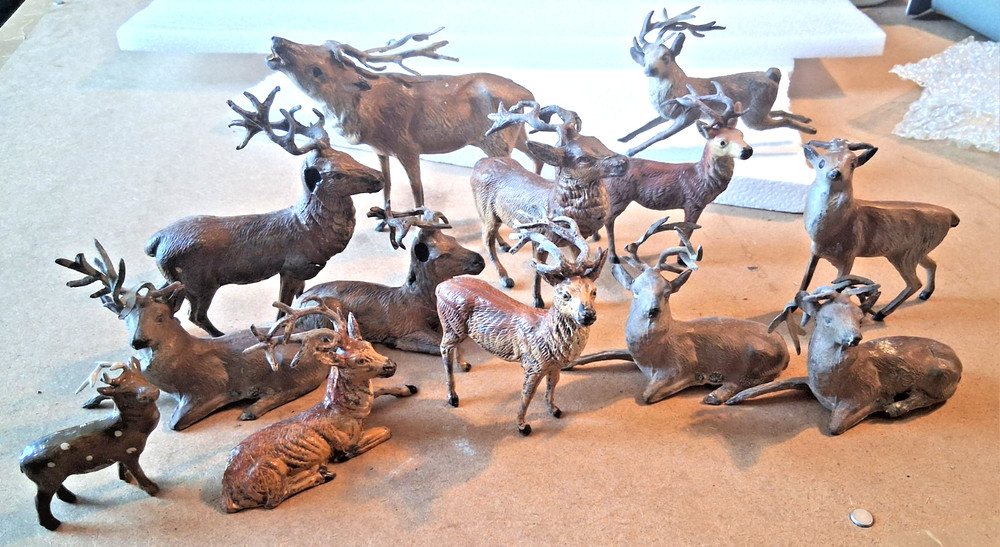 Lot of   13  Putz   Antique Cast Lead Deer Figurines Germany Reindeer  CHRISTMAS