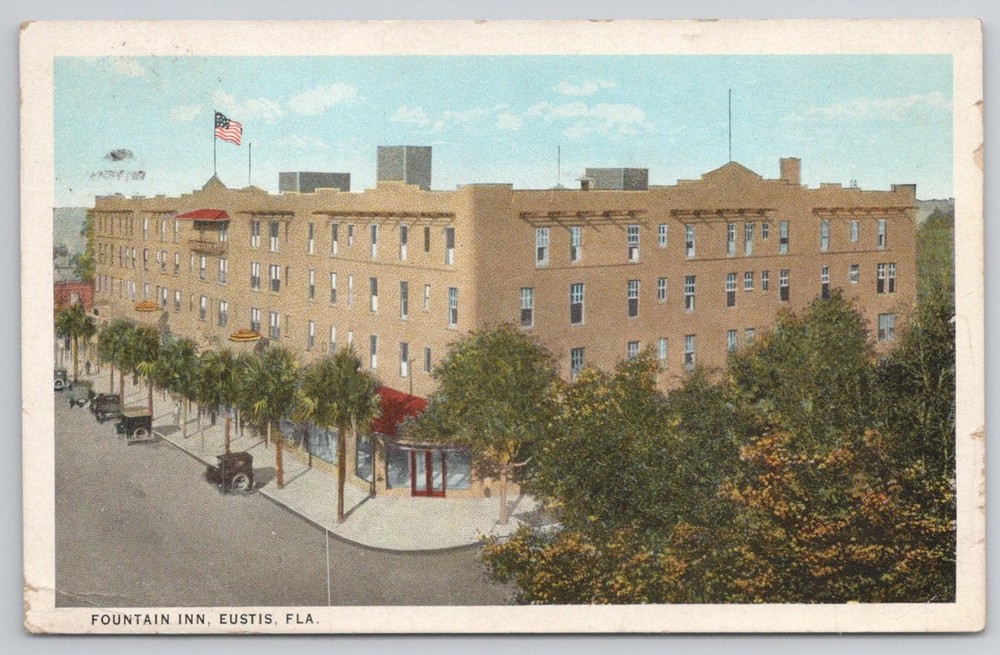 Fountain Inn Eustis Florida FL Vintage Linen Postcard 1941 Palm Pharmacy