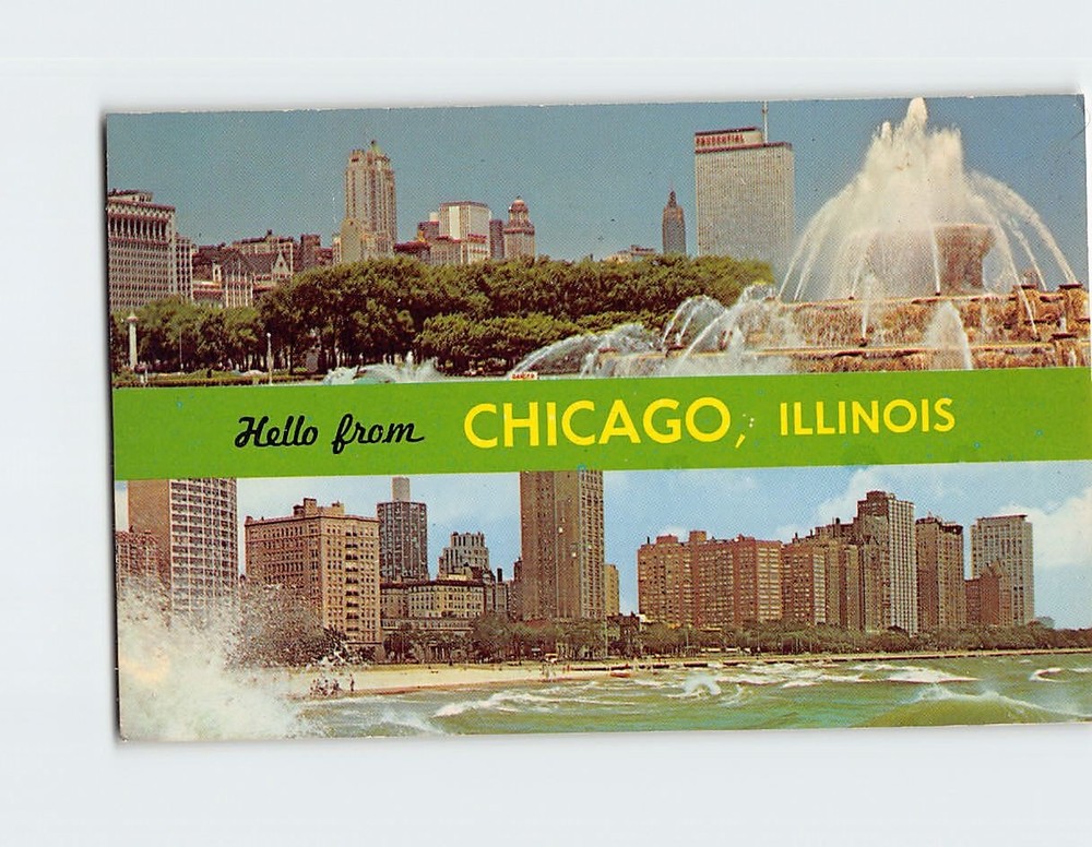 Postcard Buckingham Fountain & Oak St. Beach Hello from Chicago Illinois USA
