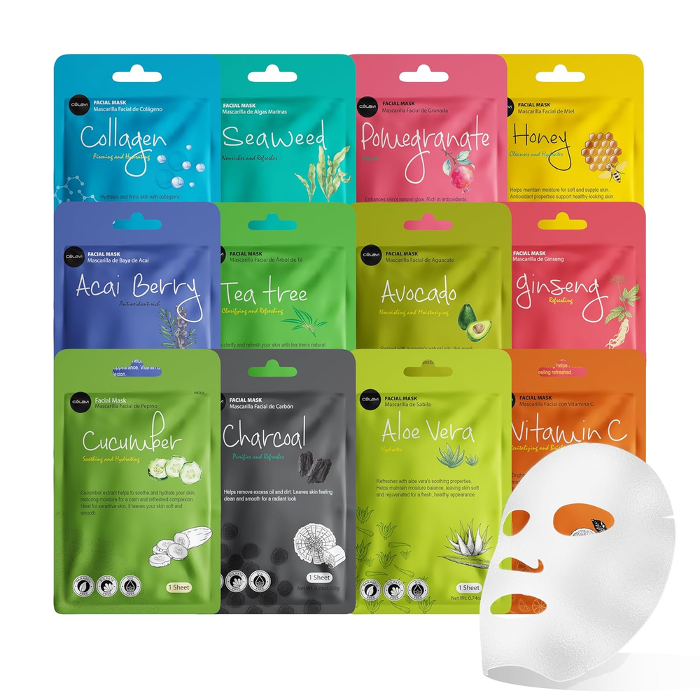 Celavi Korean 12-Pack Hydrating Essence Sheet Mask Variety Set