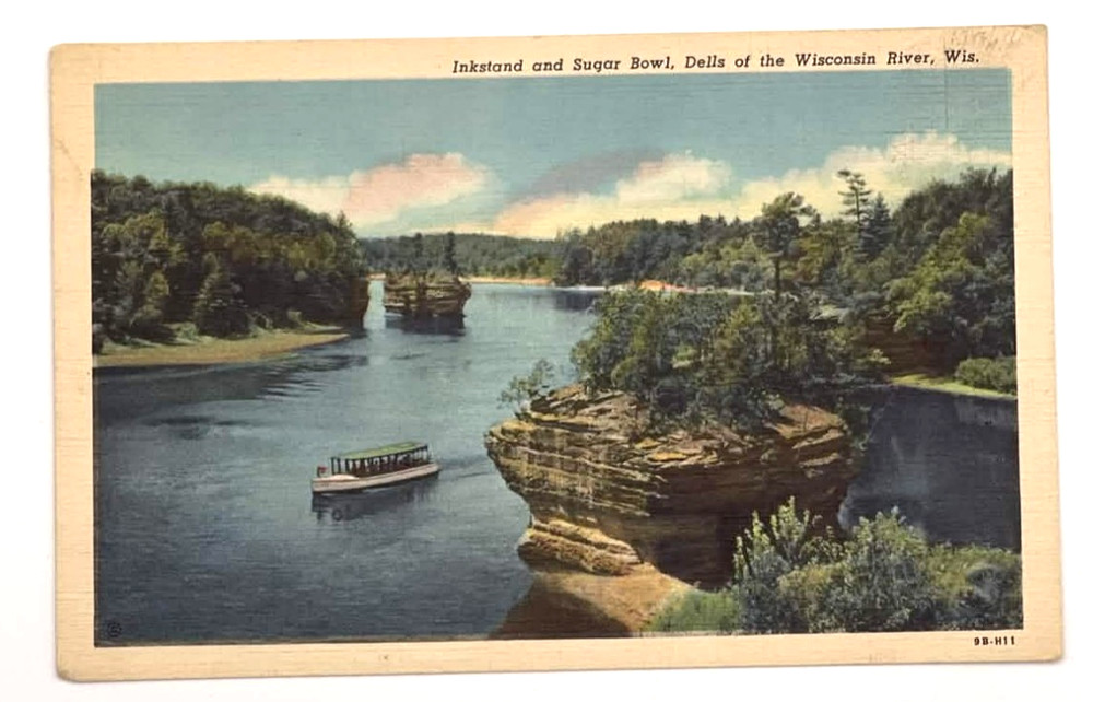 Vintage Inkstand and Sugar Bowl Dells Wisconsin River Linen Postcard
