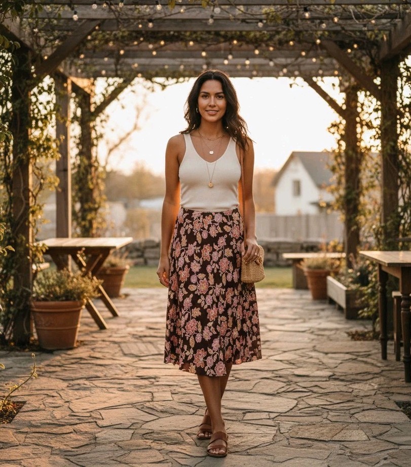 Coldwater Creek Floral Midi Skirt Boho Cottagecore Garden Party Flowy Skirt L