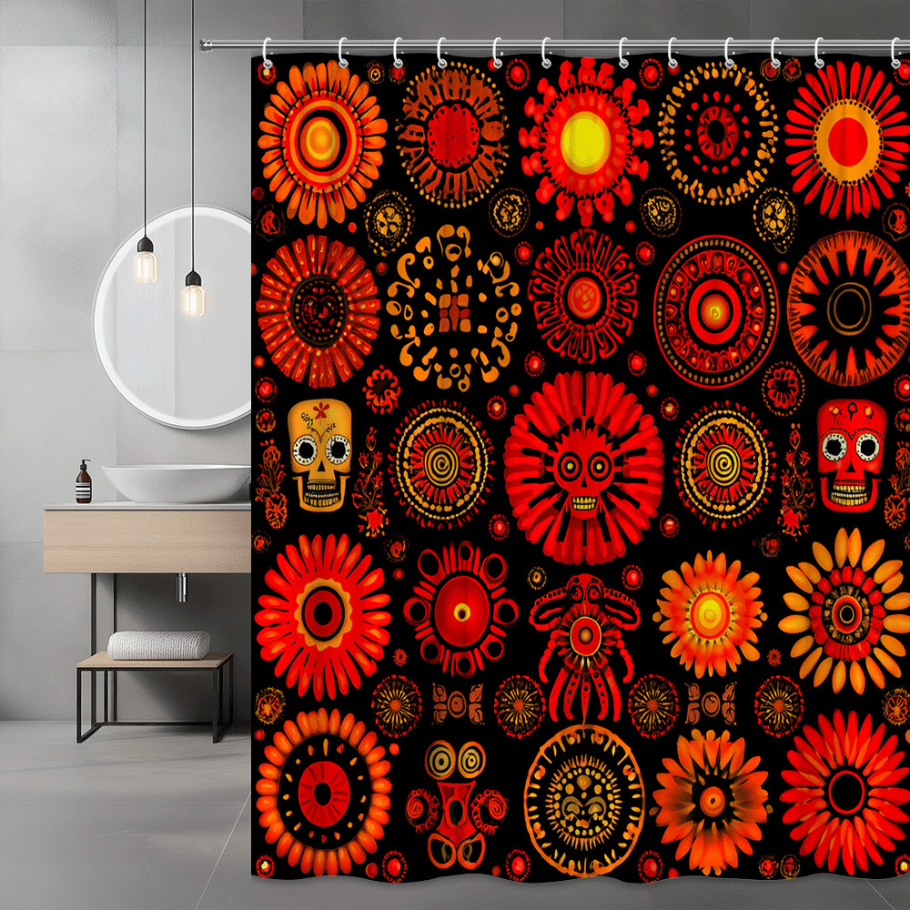 Halloween Skull Floral Shower Curtain Black Orange Red Print