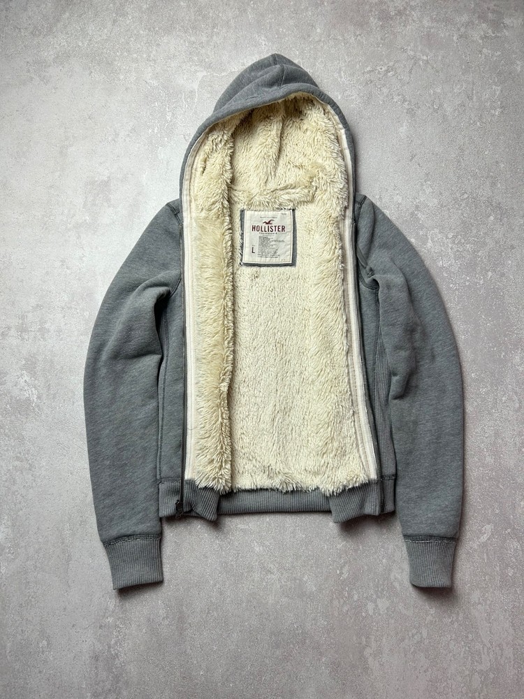 Vintage Hollister Y2K Grey Zip-Up Hoodie – Sherpa Lined – Size L