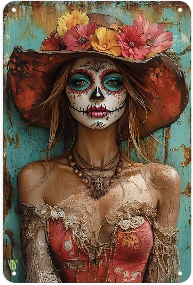 Sugar Skull Girl Vintage Day of the Dead Tin Metal Signs Print Aesthetic Room De