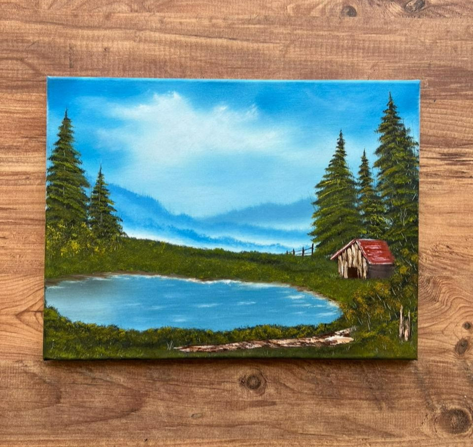 Original Oil Painting Nature Landscape Lake Cabin Canvas Handmade Artwork