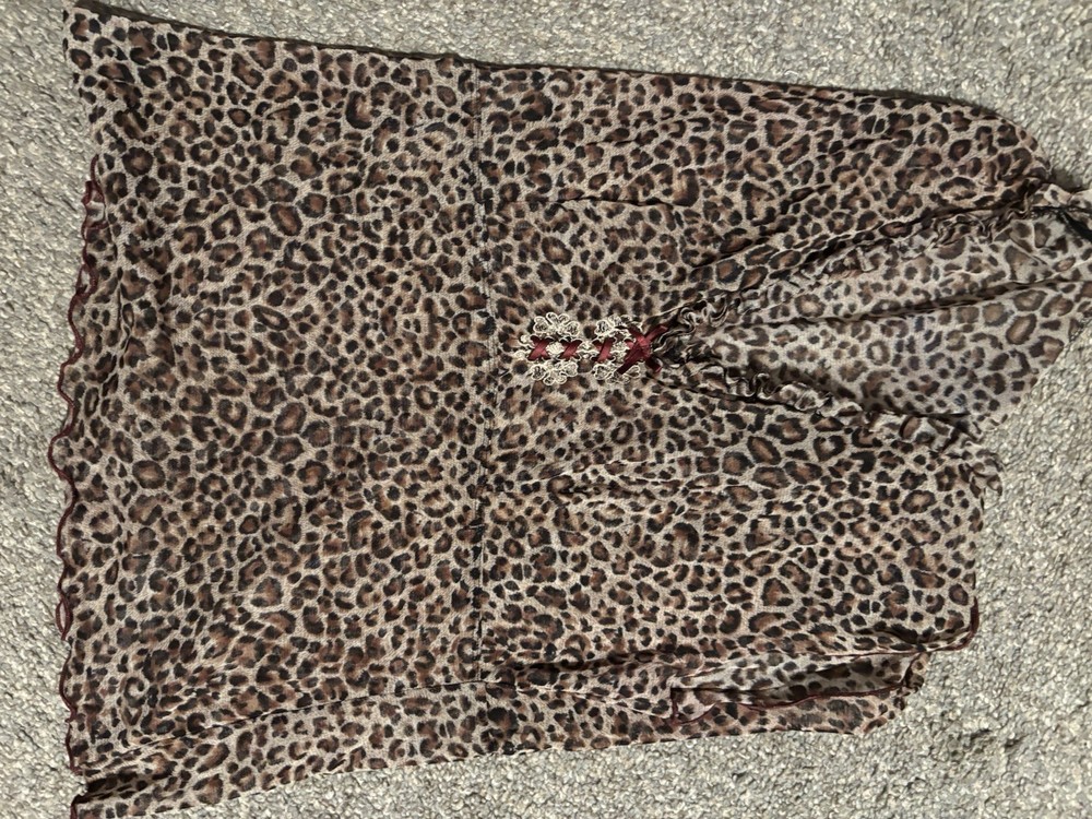 Leopard Print Sheer Babydoll Top Bow Accent Short Sleeve Round Neck Size M