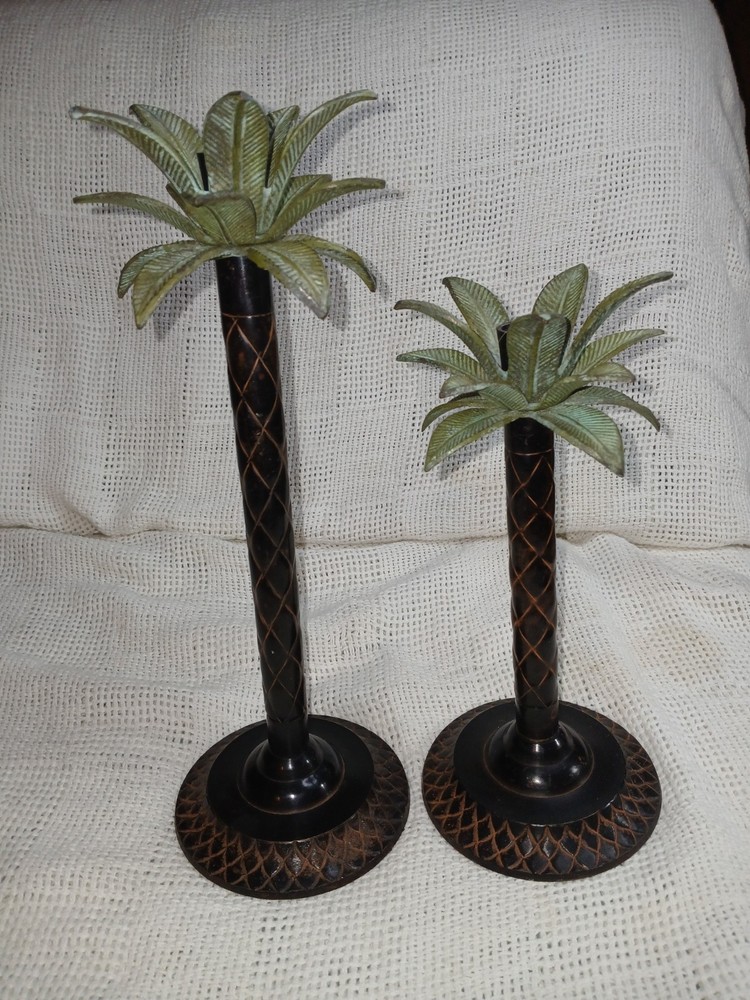 Vintage Metal Palm Tree Candlestick Holders Set of 2 | Tropical Coastal Decor |