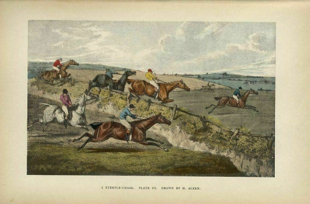 STEEPLECHASE HORSE RACE COLORED PRINT HORSES RIDERS JUMPING THE DITCH AND FENCE