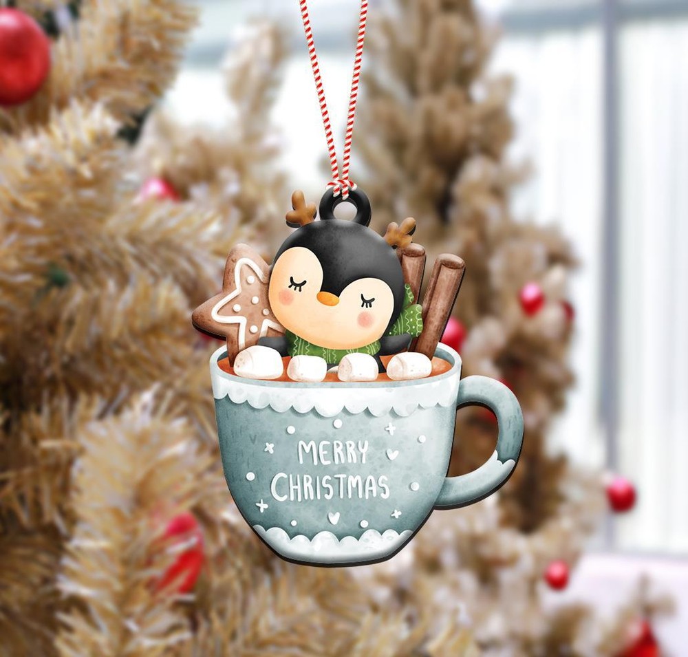Penguin Hot Cocoa Mug Christmas Flat Ornament  Penguin Xmas Car Ornament Gift