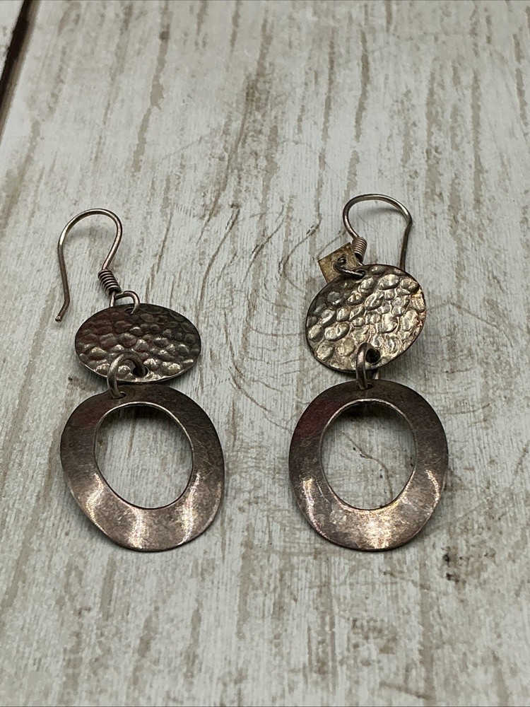 Vintage Mexico 925 Hammered Sterling Silver Modernist Dangle Earrings E.K.A