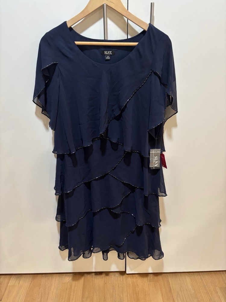 SLNY Dress Sz. 14 Tiered Lined Navy Blue Beaded New