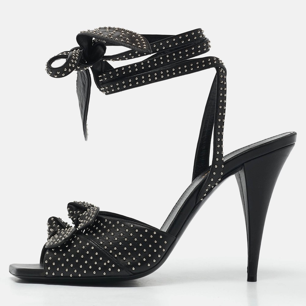 Saint Laurent black leather ankle wrap sandals with pearl embellishments size 40
