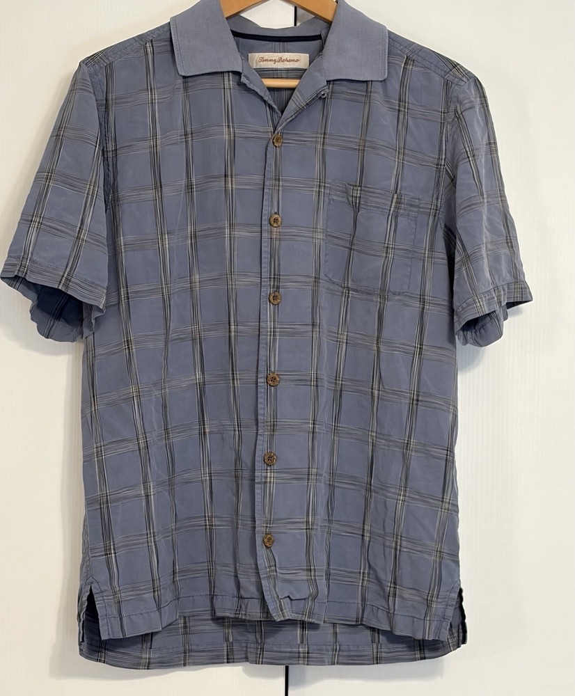 Tommy Bahama Silk Plaid Blue Gray Short Sleeve Button-Up Shirt Men’s M
