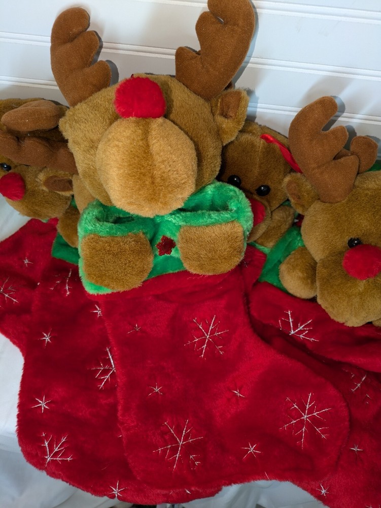 VTG 3D Rudolph Reindeer Stuffed Plush Red Green Velour Christmas Stocking 22”