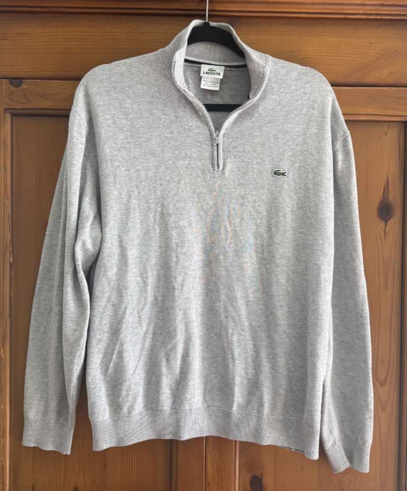 Lacoste Men's Grey Long Sleeve Quarter Zip Pullover Sweater - Size 7
