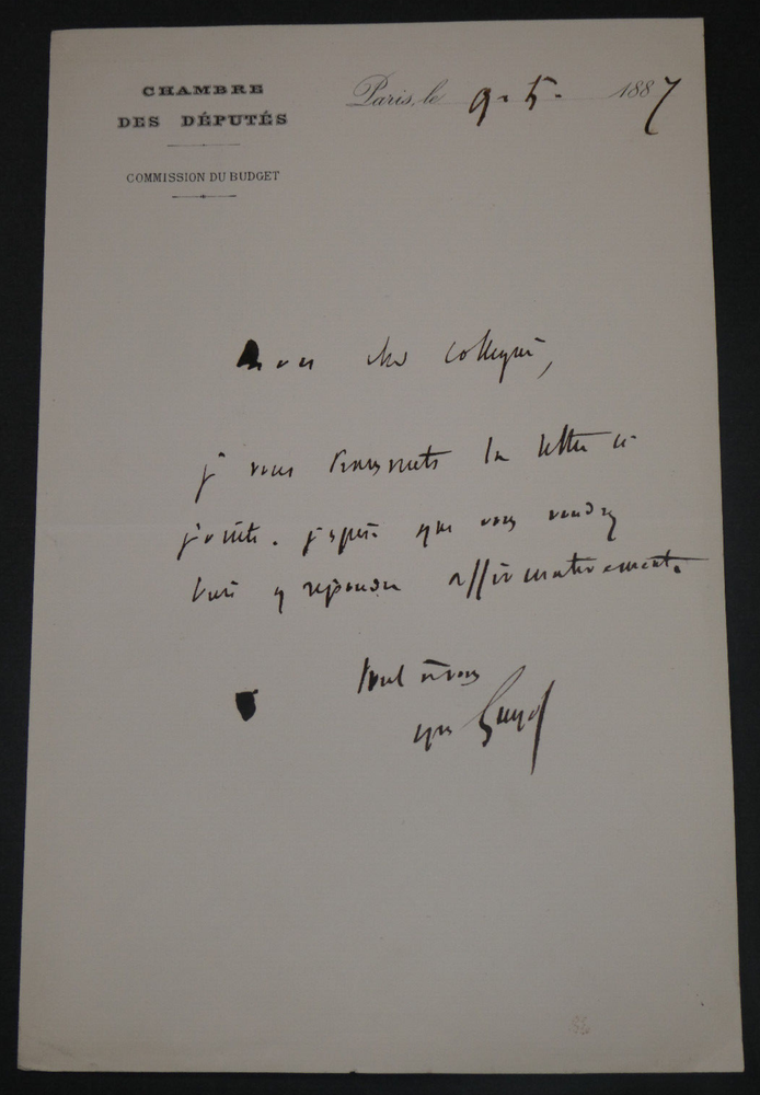 Yves GUYOT, politician - AUTOGRAPH LETTER SIGNED 1887 PARIS