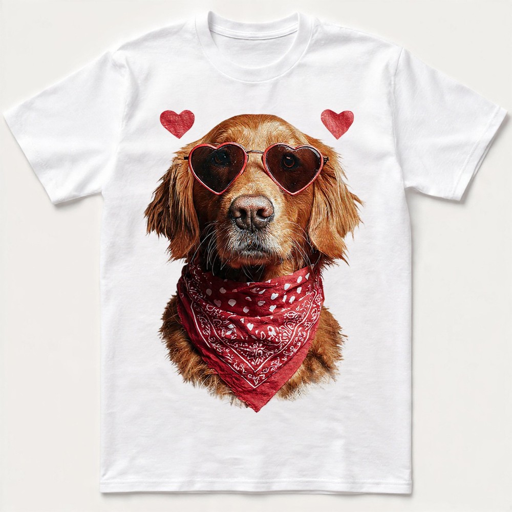 Valentine Dog T-Shirt Heart Glasses Bandana Golden Retriever Puppy Lover Gift