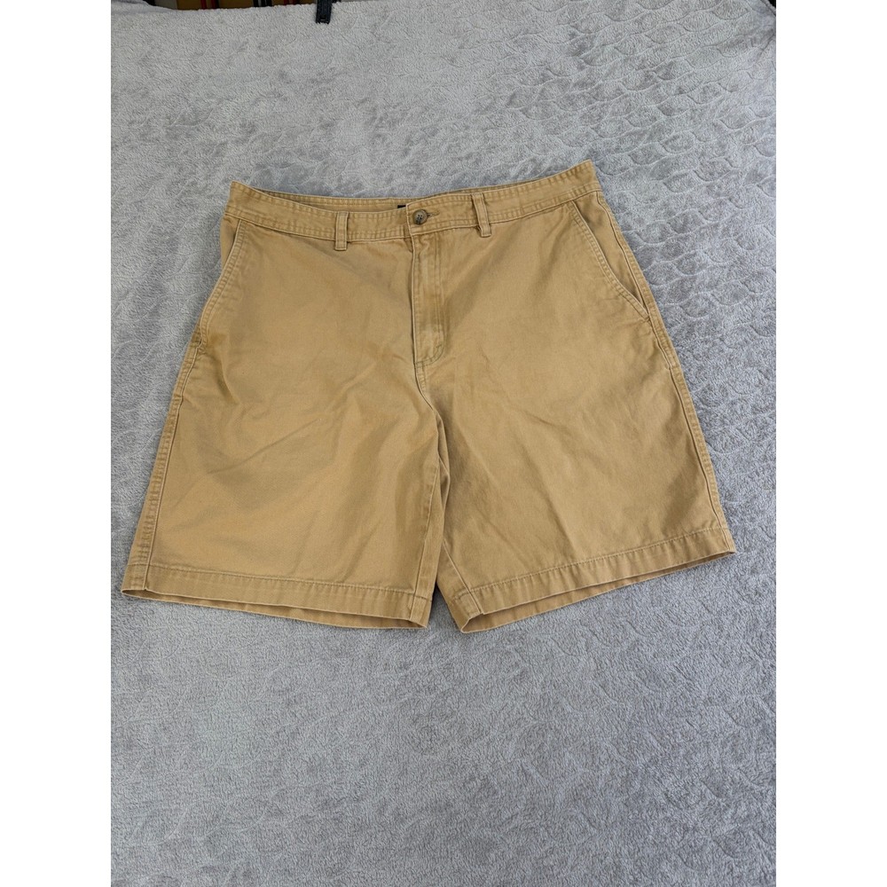Eddie Bauer Mens Tan Khaki Chino Shorts Size 35 Cotton Twill Flat Front Casual