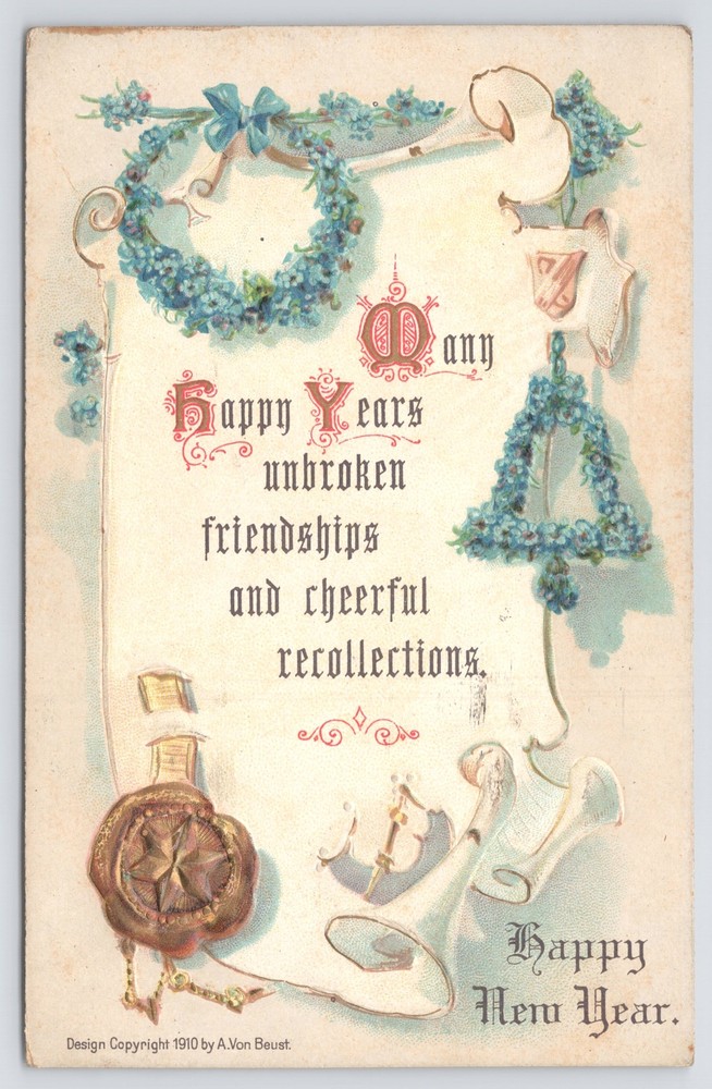 Holiday~Seal Rings of Flowers & New Year Greeting~Vintage Postcard