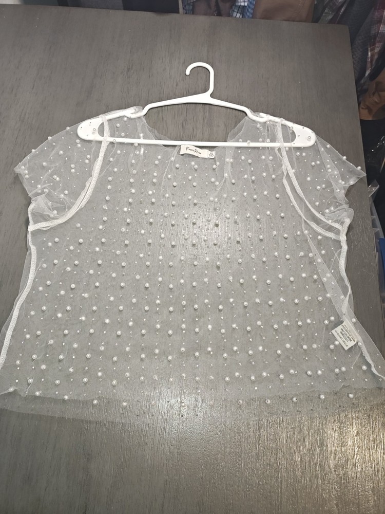 Faded Rose White Mesh Faux Pearl Rhinestone Sheer Crop Top Womens XL