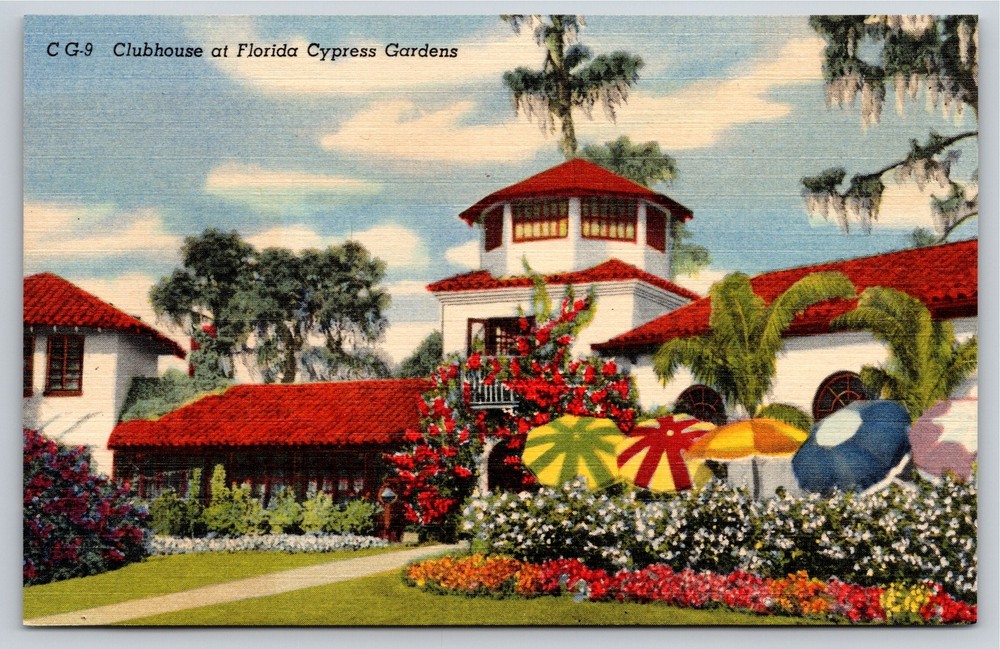 Florida~Clubhouse & Umbrellas @ Cypress Gardens~Vintage Linen Postcard