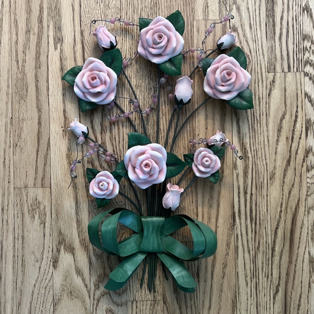 WMG 2005 Artificial Pink Rose Metal Floral Wall Decor with Green Bow