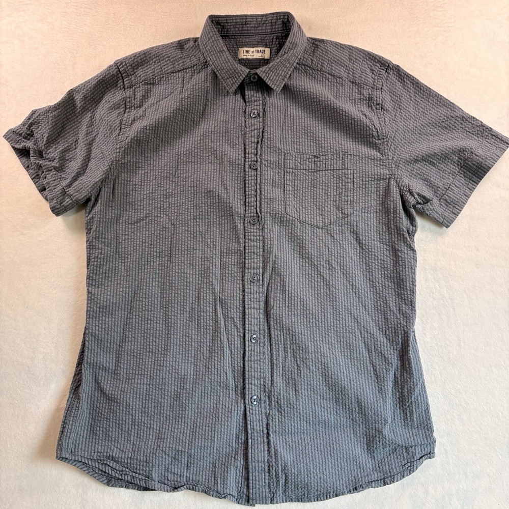 Line Of Trade Mens Seersucker Short Sleeve Button Down 100% Cotton Blue Shirt L